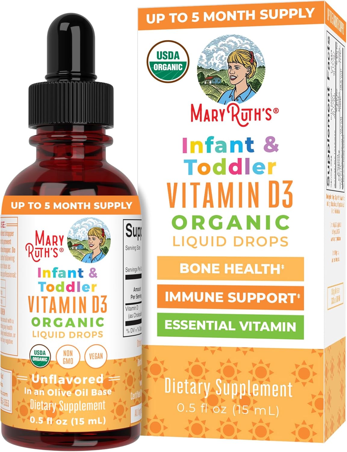 MARYRUTH'S USDA Organic Vitamin D Drops | Vitamin D3 Liquid | Sugar Free | Liquid Vitamin D Drops Immune Support for Infants & Toddlers | VIT D3 | Gluten Free | Non-GMO | 90-150 Servings