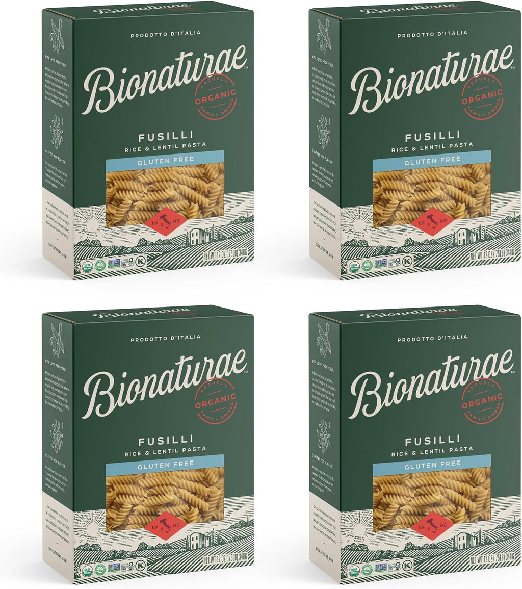 Bionaturae Fusilli Pasta Noodles - Gluten Free Pasta Organic, Rice & Lentil Pasta, Kosher Certified, High Protein, Non-GMO, Fusilli Pasta Organic, Crafted in Italy - 12 Oz, 4 Pack