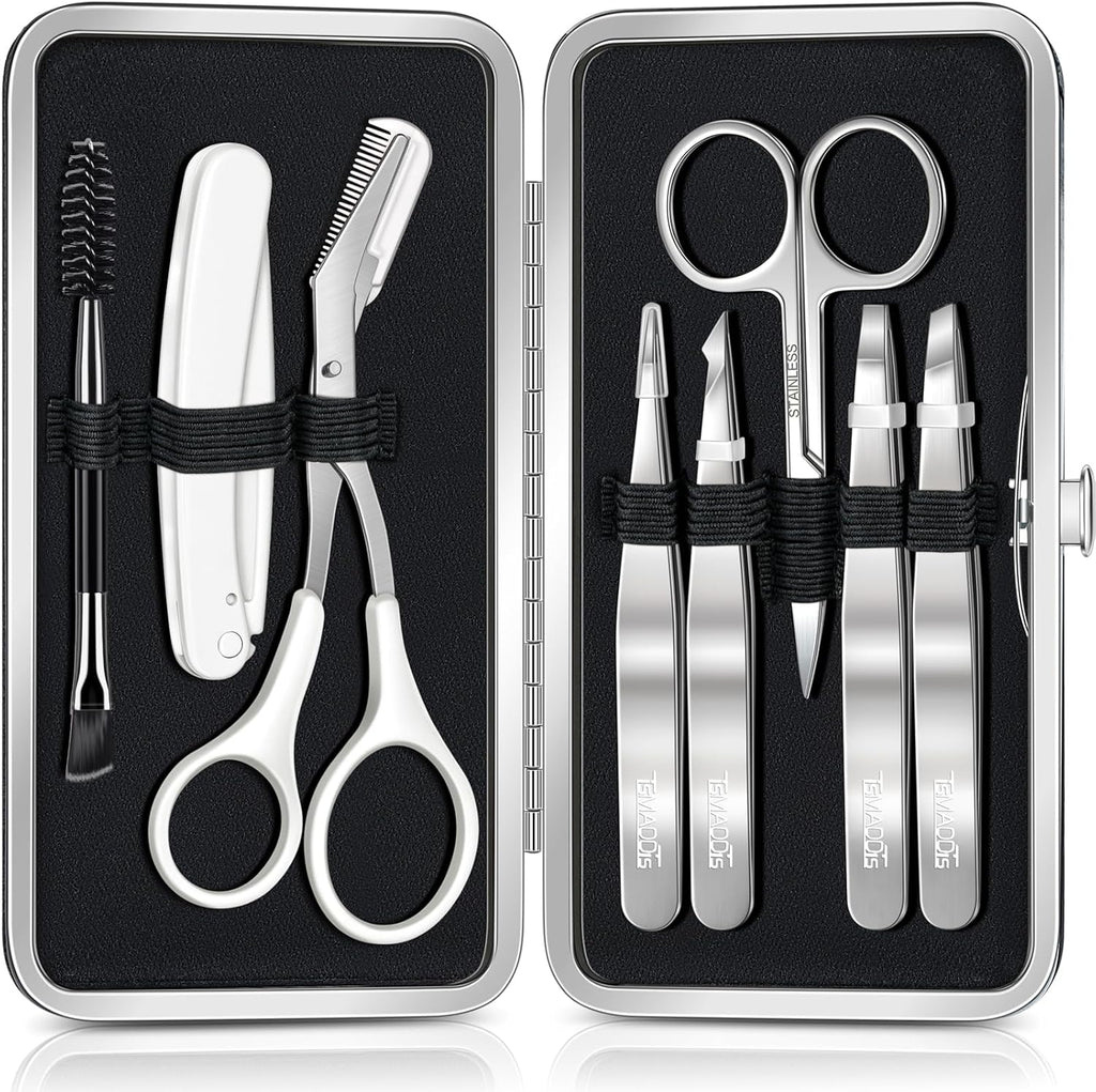TsMADDTs Tweezers for Women Facial Hair, 8 in 1 Eyebrow Kit with Tweezers, Scissors, Razor, Brush with Travel Bag, Eyebrow Shaping Kit