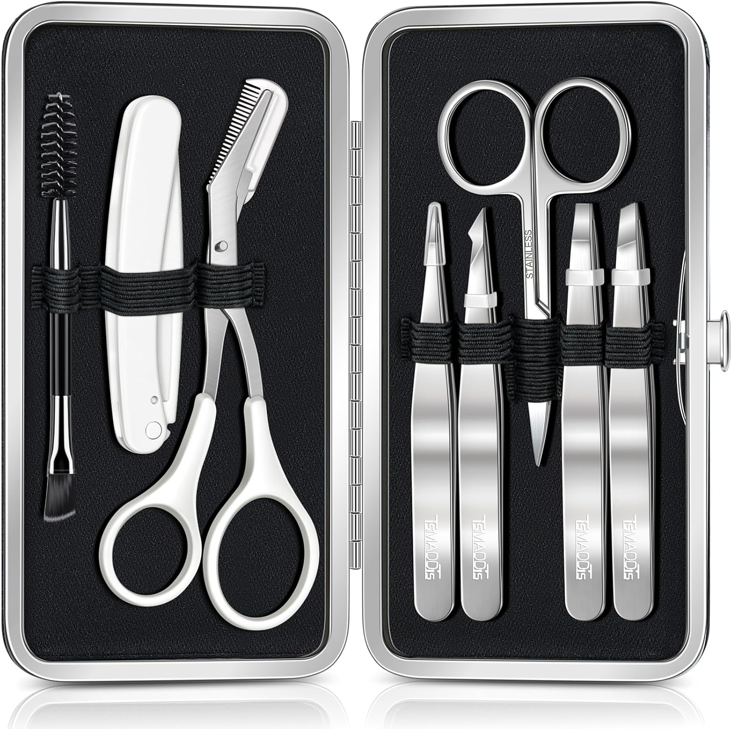 TsMADDTs Tweezers for Women Facial Hair, 8 in 1 Eyebrow Kit with Tweezers, Scissors, Razor, Brush with Travel Bag, Eyebrow Shaping Kit