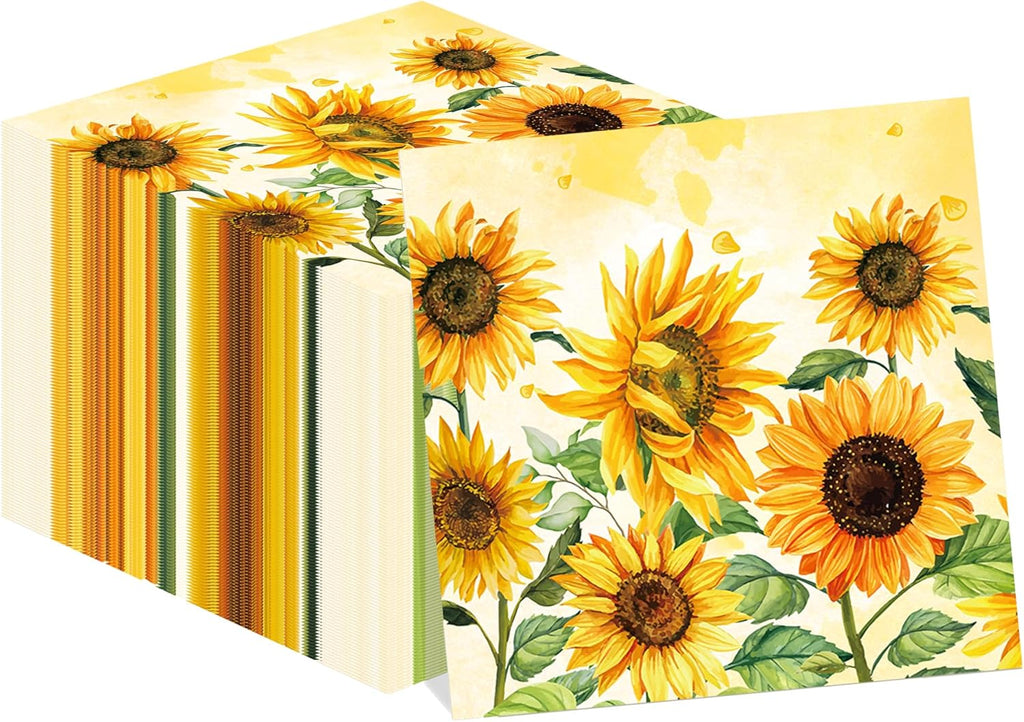 40Pcs Sunflower Paper Napkin Sunflower Party Napkins Yellow Flower Disposable Napkins Sunflower Decorative Luncheon Dinner Paper Napkin Sunflower Theme for Wedding, Theme Party, Birthday, 6.5 Inch