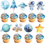 Gyufise 36Pcs Space Astronaut Cupcake Toppers Planet Rocket Telescope Trip to the Moon Cupcake Picks for Outer Space Baby Shower Gender Reveal Birthday Party Cake Decorations Blue