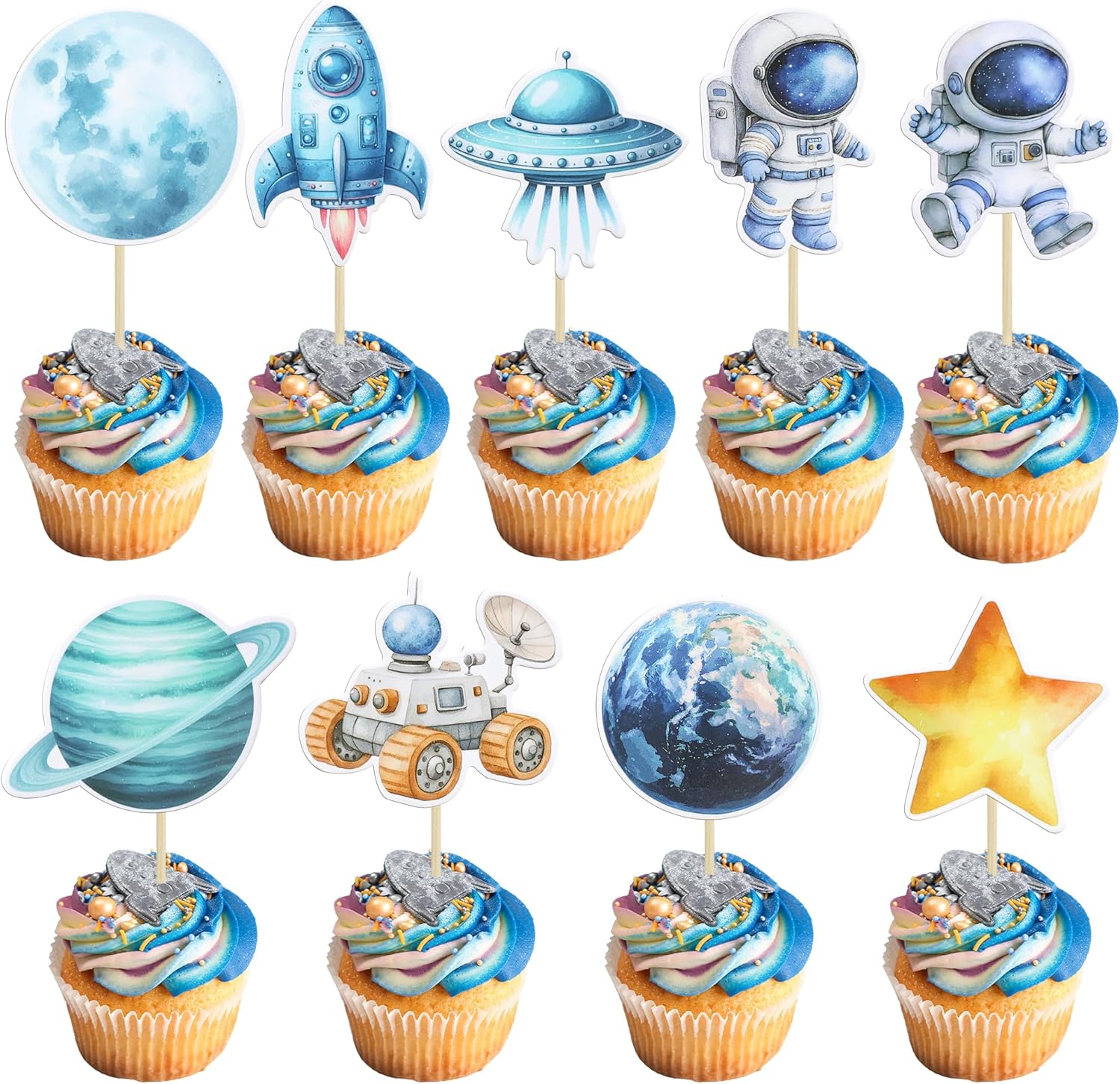 Gyufise 36Pcs Space Astronaut Cupcake Toppers Planet Rocket Telescope Trip to the Moon Cupcake Picks for Outer Space Baby Shower Gender Reveal Birthday Party Cake Decorations Blue