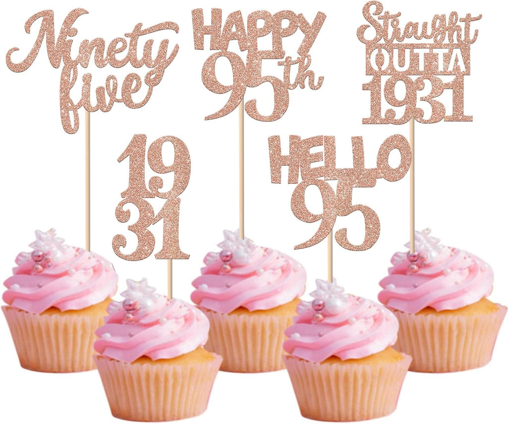30PCS 95th Birthday Cupcake Toppers Glitter Nighty Five Happy 95 Straight Outta 1931 Cupcake Picks for Cheers to 95 Fabulous 95th Birthday Anniversary Party Cake Decorations Supplies Rose Gold