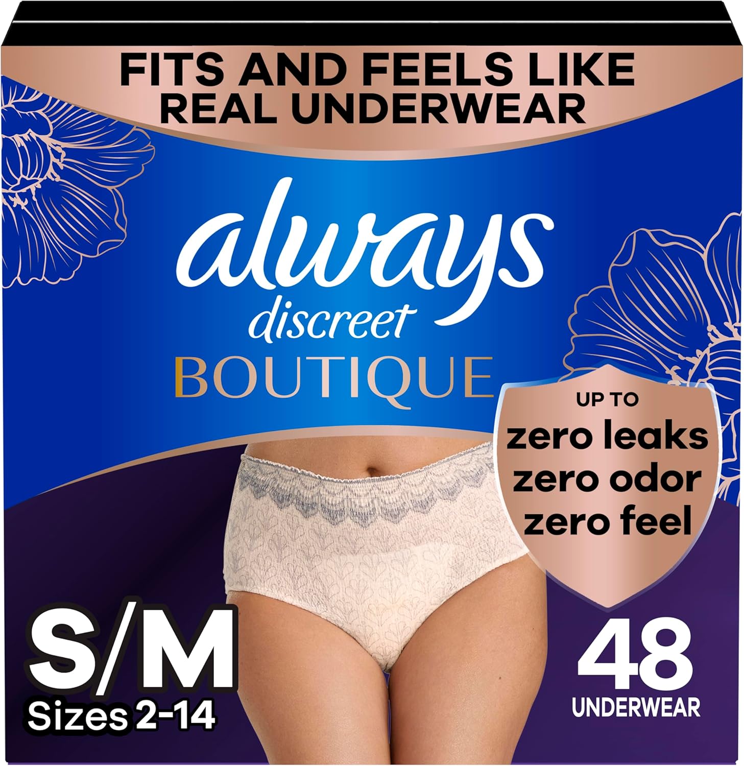 Always Discreet Boutique Incontinence and Postpartum Underwear for Women, Maximum Protection, Small/Medium, Rosy, 48 Count (4 Packs of 12)