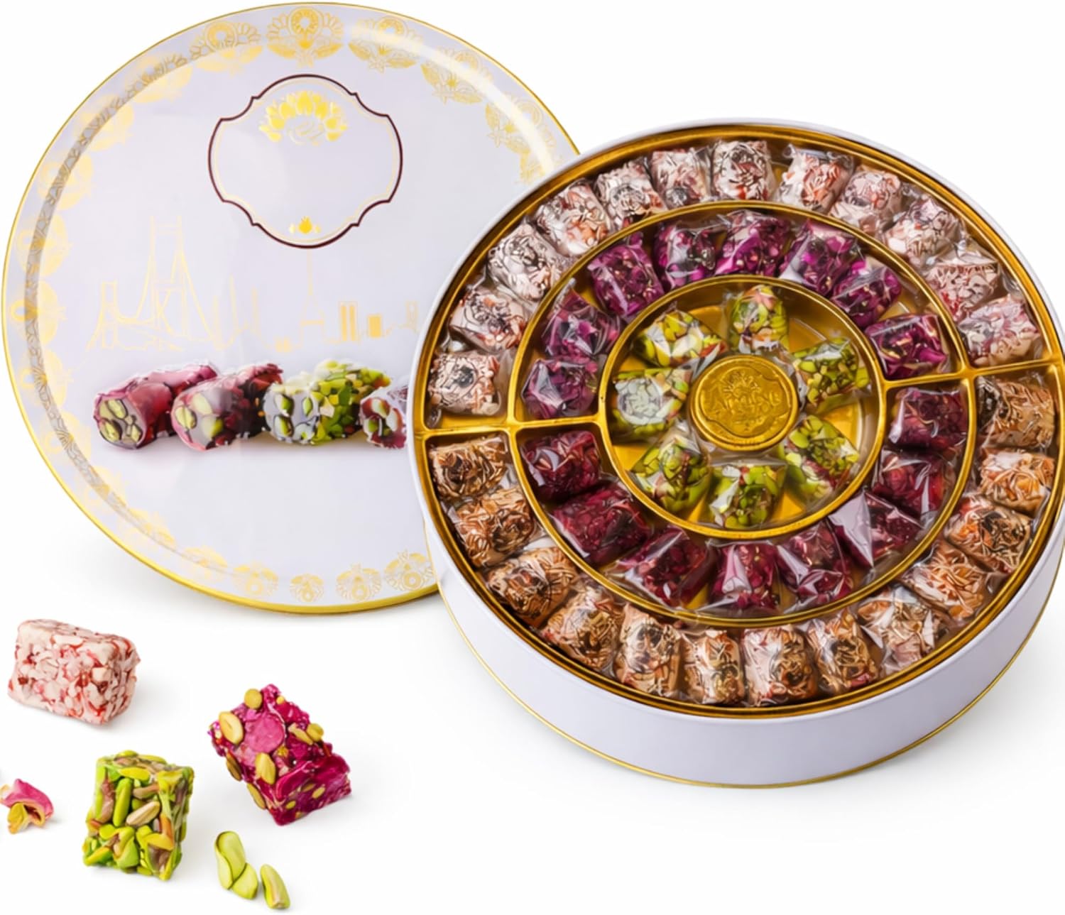Zaitoune Turkish Delight Mix - 22 oz | Luxury Coatings of Pomegranate, Pistachio, Coconut, Kataifi & Rose | Authentic Lokum Sweet Assortment in a Beautiful Gift Tin | Handmade & Individually Wrapped