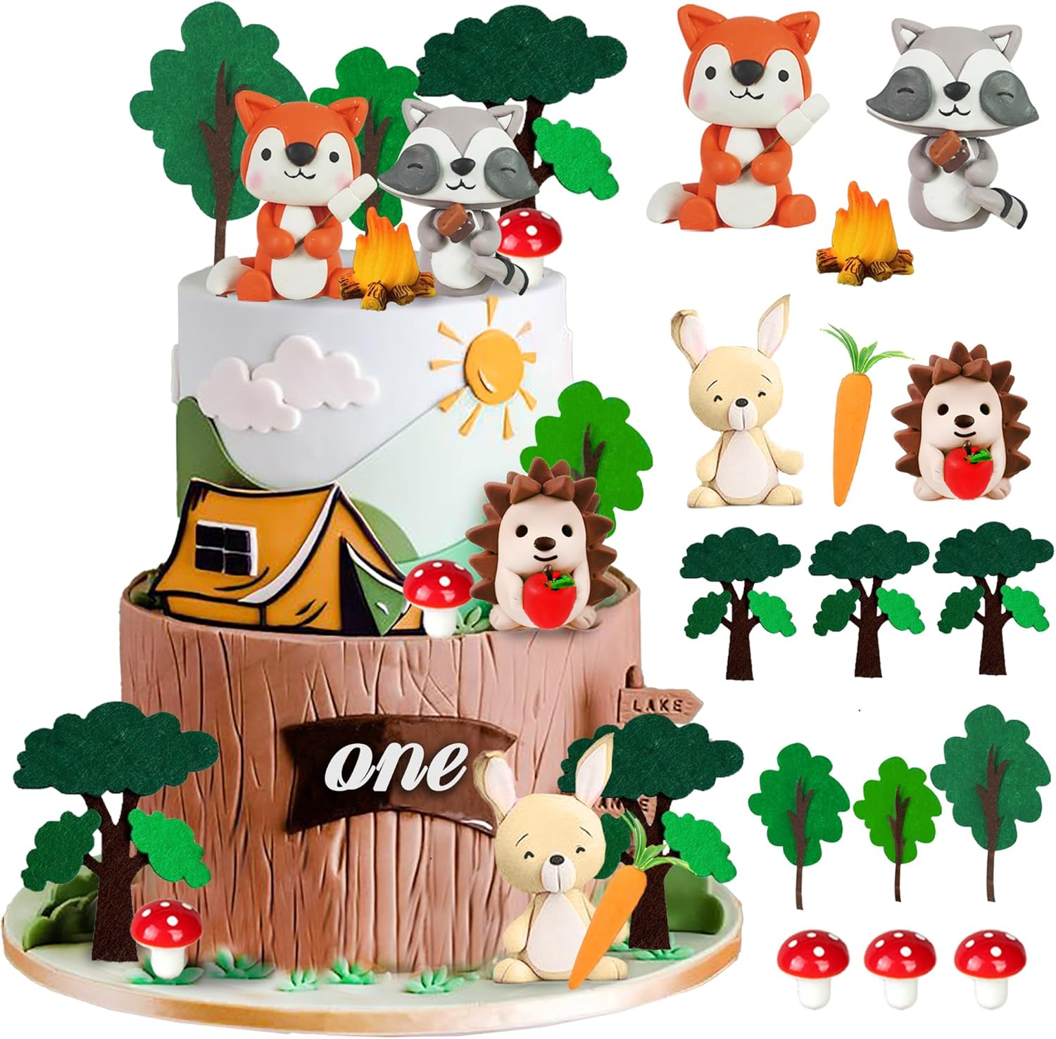 Woodland Animals Cake Topper with Fox Raccoon Hedgehog Rabbit Mushroom for Woodland Themed Birthday