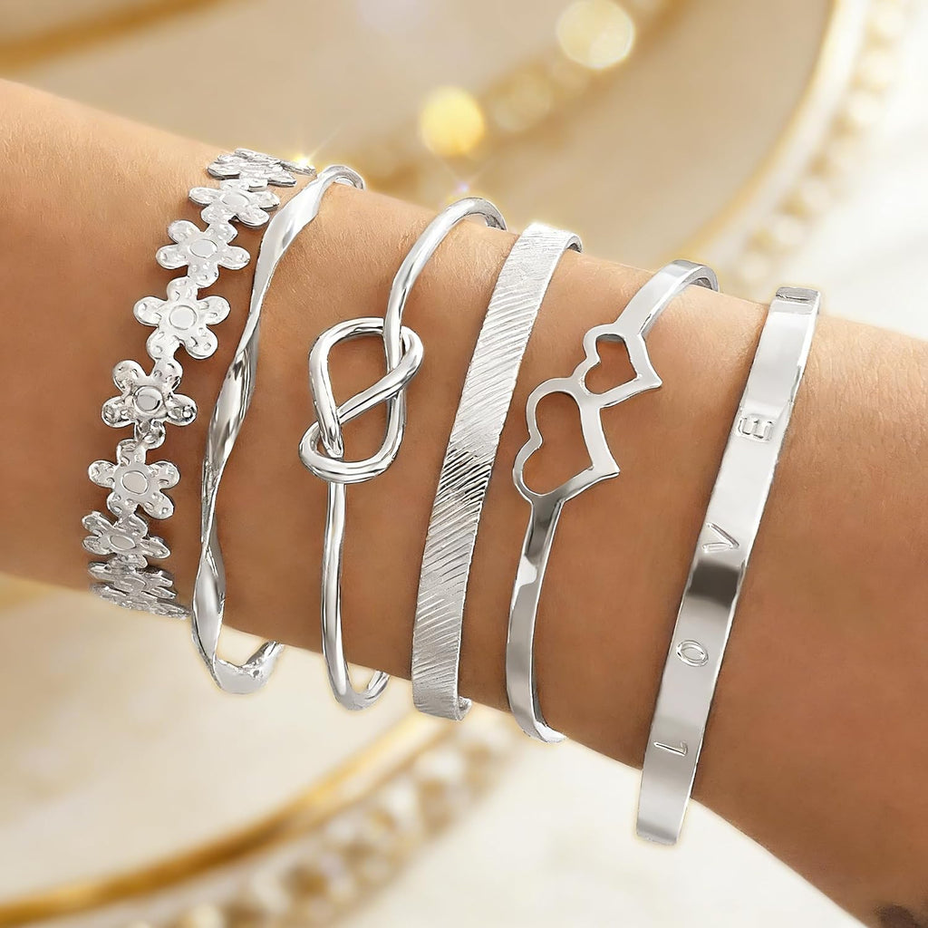 6 Pcs Silver Stackable Bracelets Set For Women Adjustable Open Cuff Bangles Flower Heart Knot Love Chain Trendy Layering Jewelry Gift (Pack of 1)