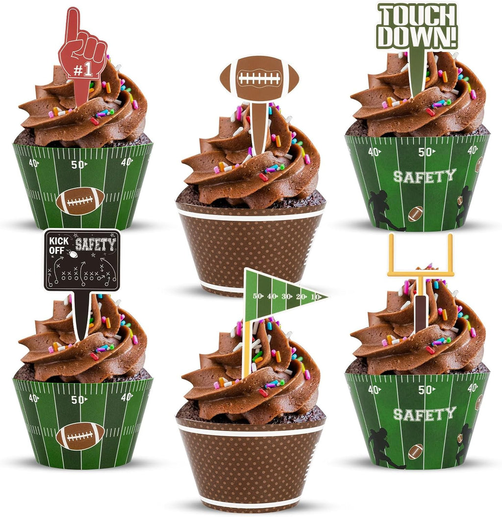 48 Pack Football Cupcake Toppers and Wrappers, Rugby Touchdown Cake Decoration for Football Theme Birthday Party Sports Game Day Party Supplies