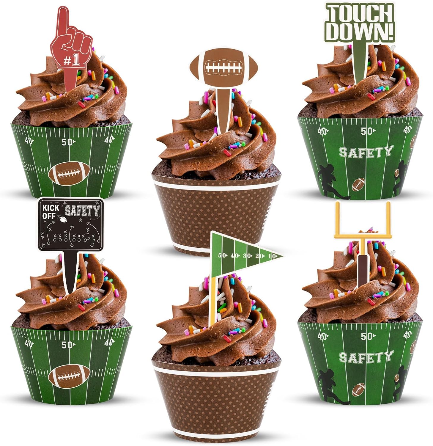 48 Pack Football Cupcake Toppers and Wrappers, Rugby Touchdown Cake Decoration for Football Theme Birthday Party Sports Game Day Party Supplies