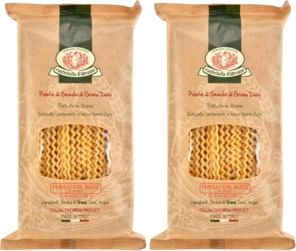Rustichella d'Abruzzo Fusilli col Buco 17.6oz (Pack of 2)- Classic Authentic Italian Long Curly Pasta - Perfect for Tomato or Olive Oil Sauces