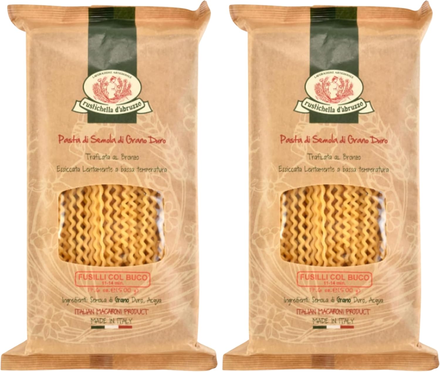 Rustichella d'Abruzzo Fusilli col Buco 17.6oz (Pack of 2)- Classic Authentic Italian Long Curly Pasta - Perfect for Tomato or Olive Oil Sauces