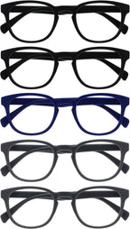 OPULIZE POP Reading Glasses for Women Men,Scratch Resistant Round Matt Frame with Spring Hinges, Black, Blue, Grey +2.00 (Pack of 5)