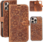 Leather case Compatible with iPhone 13 pro Max Wallet 6.7",Genuine Leather 2-in-1 Magnetic Detachable Shockproof,Flip Folio Cover with Card Slot, Wireless Charging [RFID Blocking] Dark Brown
