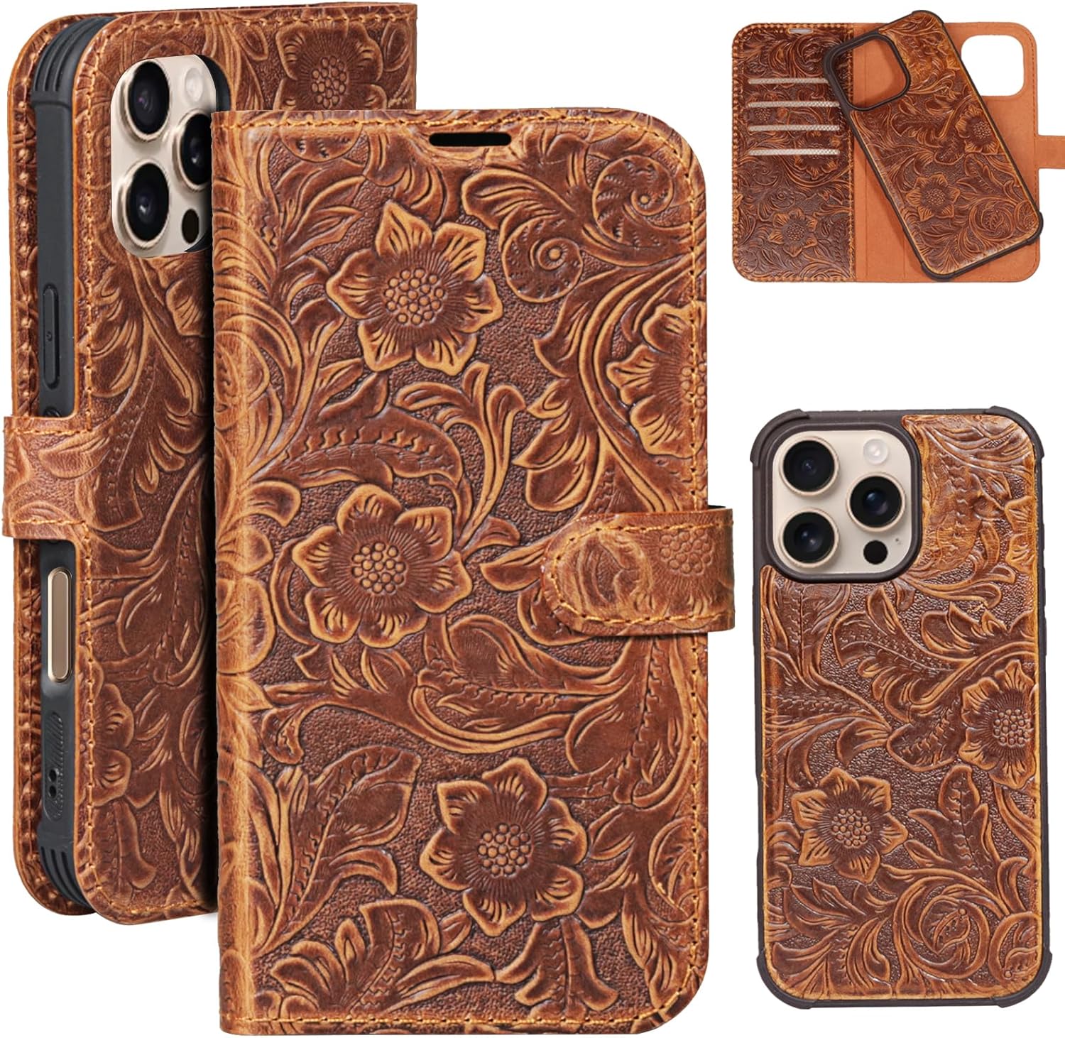 Leather case Compatible with iPhone 13 pro Max Wallet 6.7",Genuine Leather 2-in-1 Magnetic Detachable Shockproof,Flip Folio Cover with Card Slot, Wireless Charging [RFID Blocking] Dark Brown