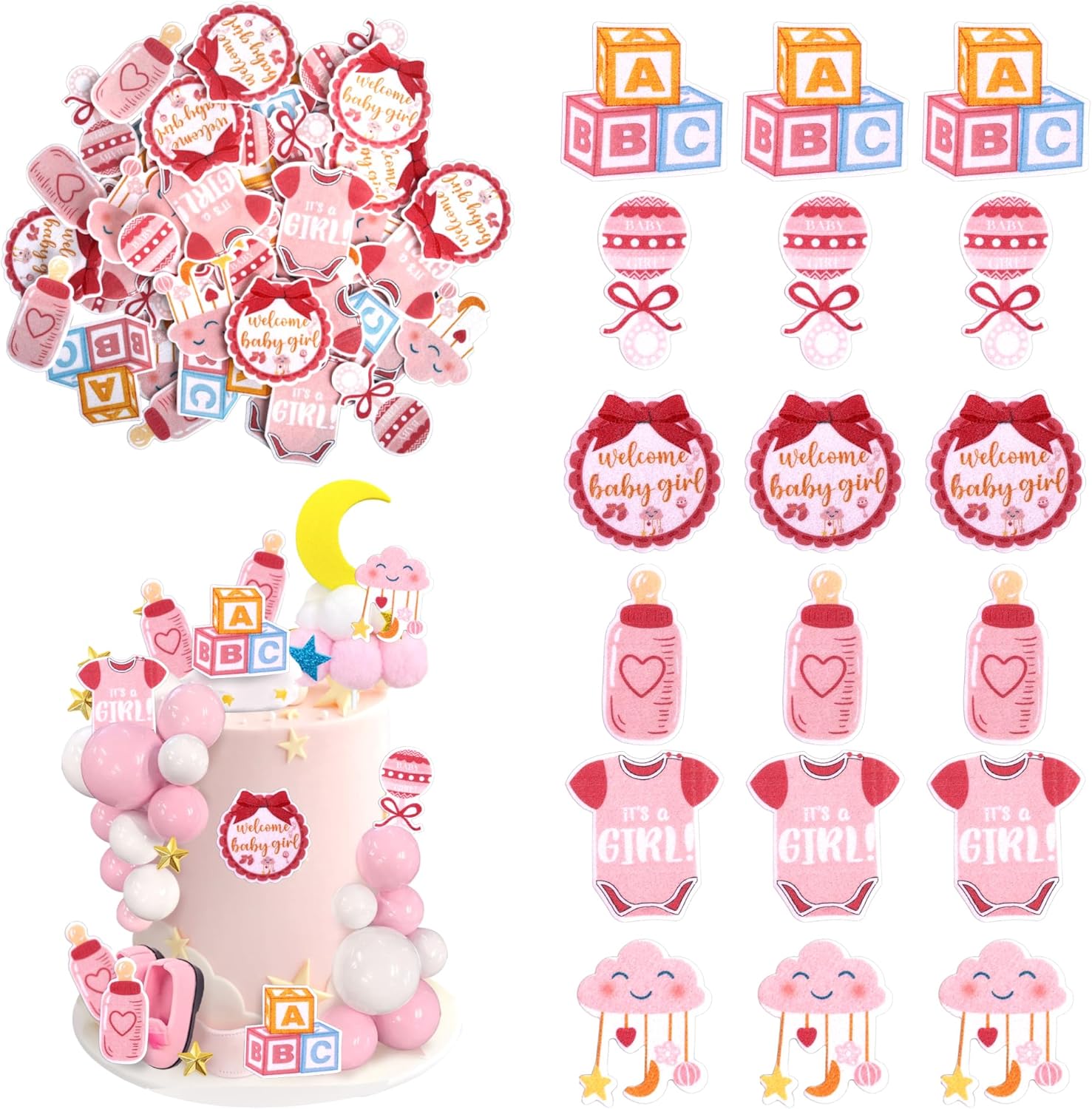 60 PCS Edible Oh Baby Cupcake Toppers Pacifier Cloud Moon Star Welcome Baby Girl Cupcake Picks Edible Baby Shower It's a Girl Cake Decorations for Baby Shower Girls Birthday Party Supplies Pink