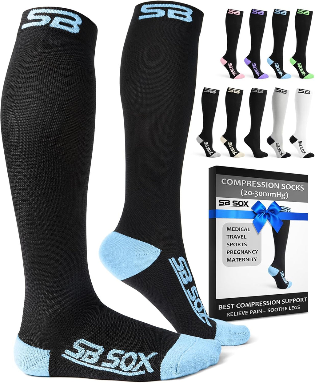 SB SOX Compression Socks for Men & Women (20-30mmHg) – Best Compression Socks for Flying, Medical, Sports, Wide Calf Fit, and Daily Wear