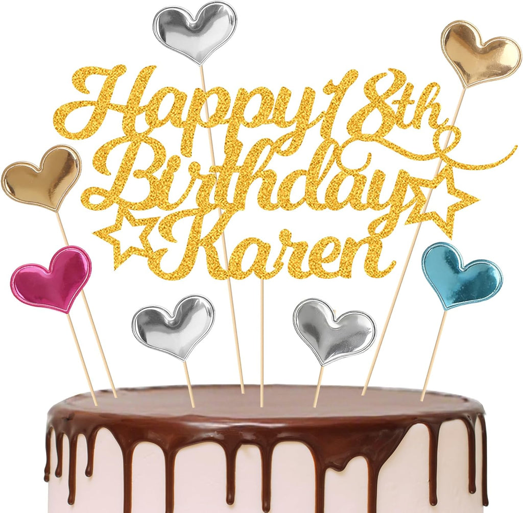 EDSG Happy Birthday Cake Topper Personaliszed, Birthday Cake Topper with Any Age Name, Double-Sided Glitter Cake Topper 13th 16th 18th 21st 30th 40th 50th 60th 80th (with Colored Heart Set)