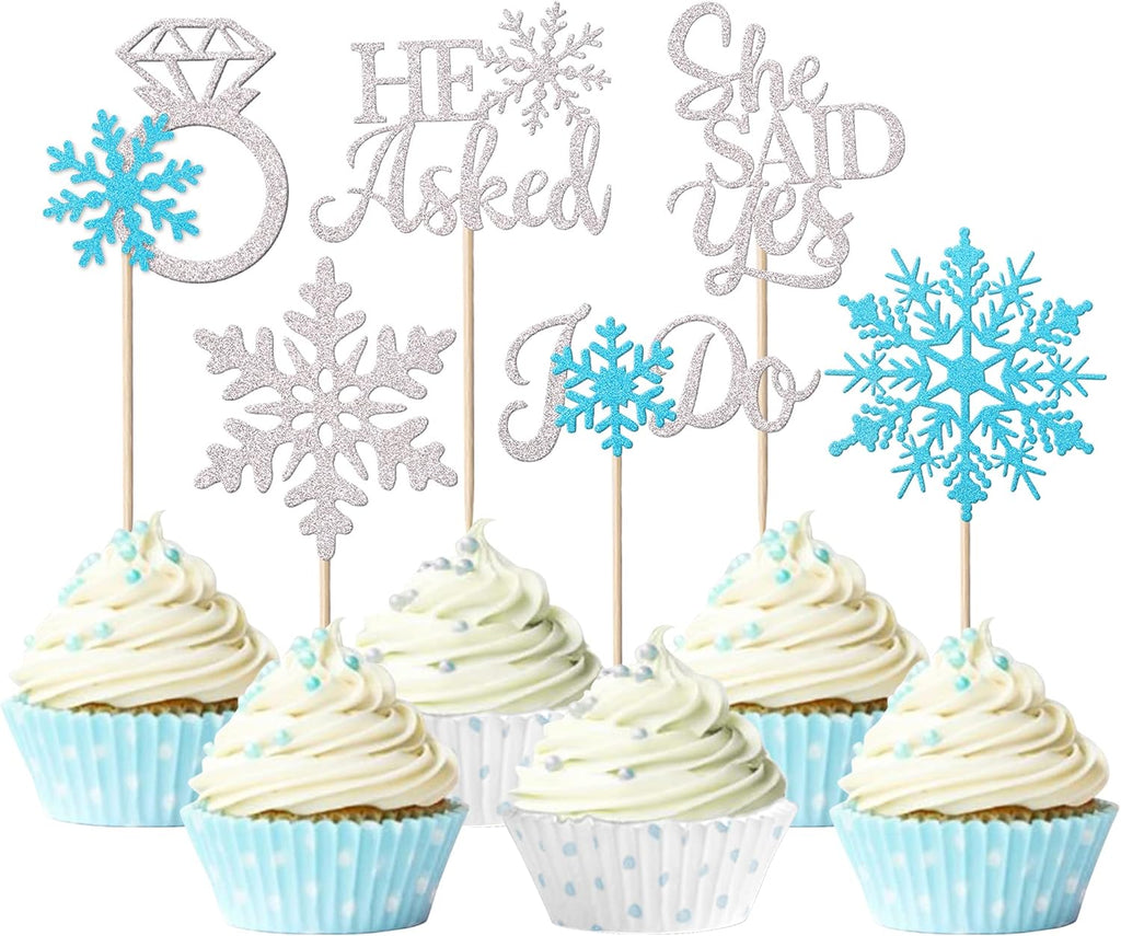 36 Pack He Asked She Said Yes Cupcake Toppers Glitter Love Heart I do Ring Snowflakes Bridal Shower Cake Food Picks Decorations for Wedding Engagement Theme Party Supplies