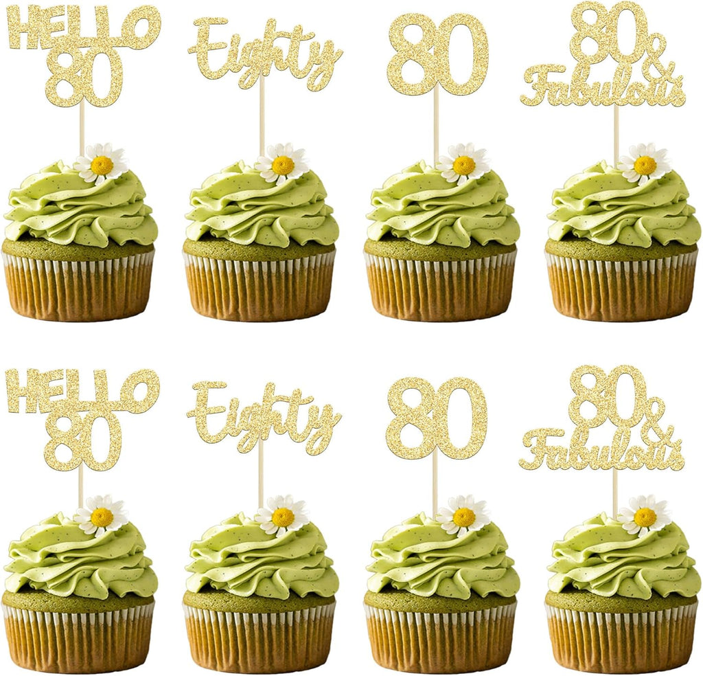 Gyufise 24Pcs 80th Birthday Cupcake Toppers Gold Glitter Hello 80 Cake Topper Eighty 80 & Fabulous Cupcake Picks 80th Birthday Cake Decorations Supplies