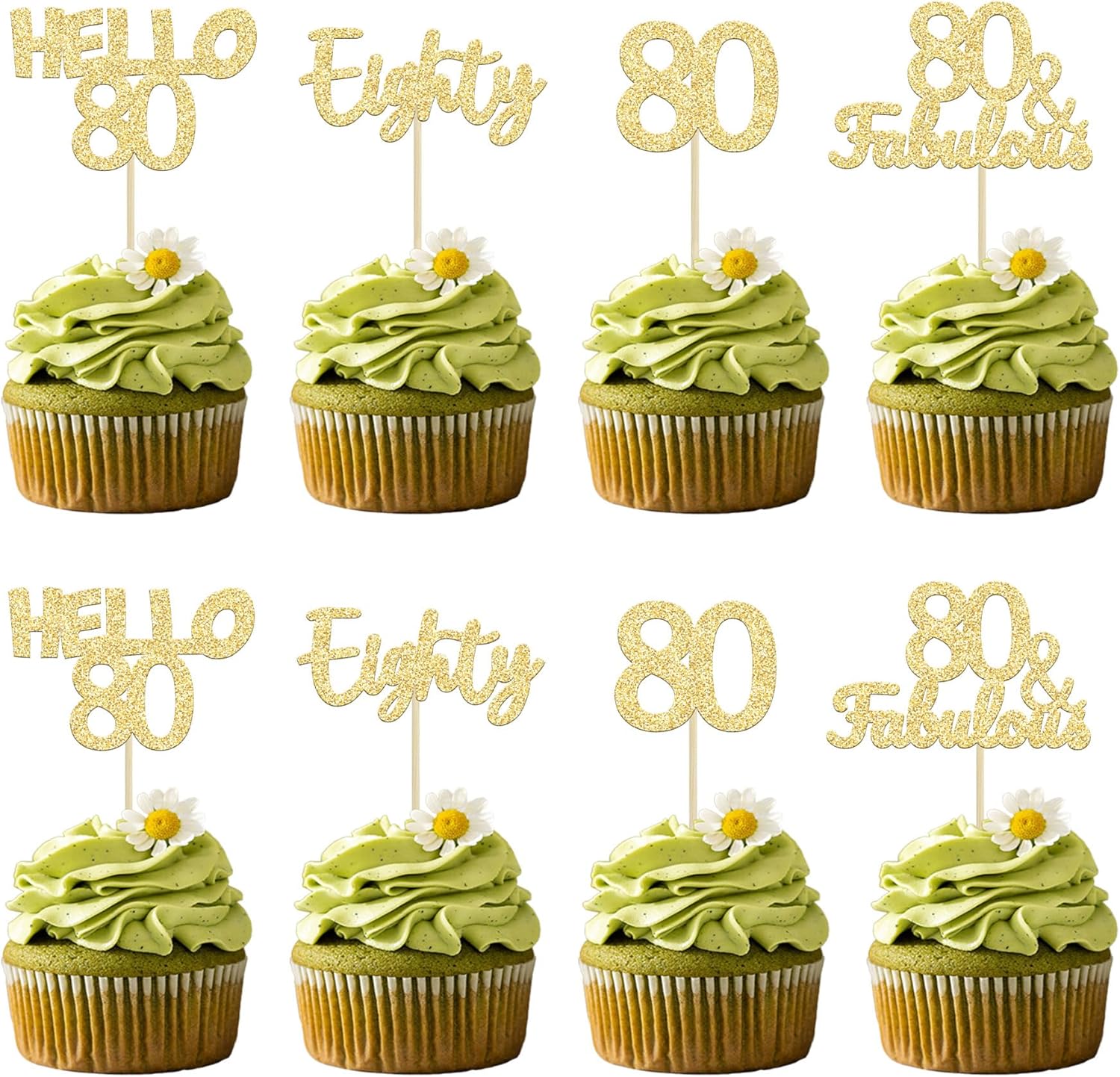 Gyufise 24Pcs 80th Birthday Cupcake Toppers Gold Glitter Hello 80 Cake Topper Eighty 80 & Fabulous Cupcake Picks 80th Birthday Cake Decorations Supplies