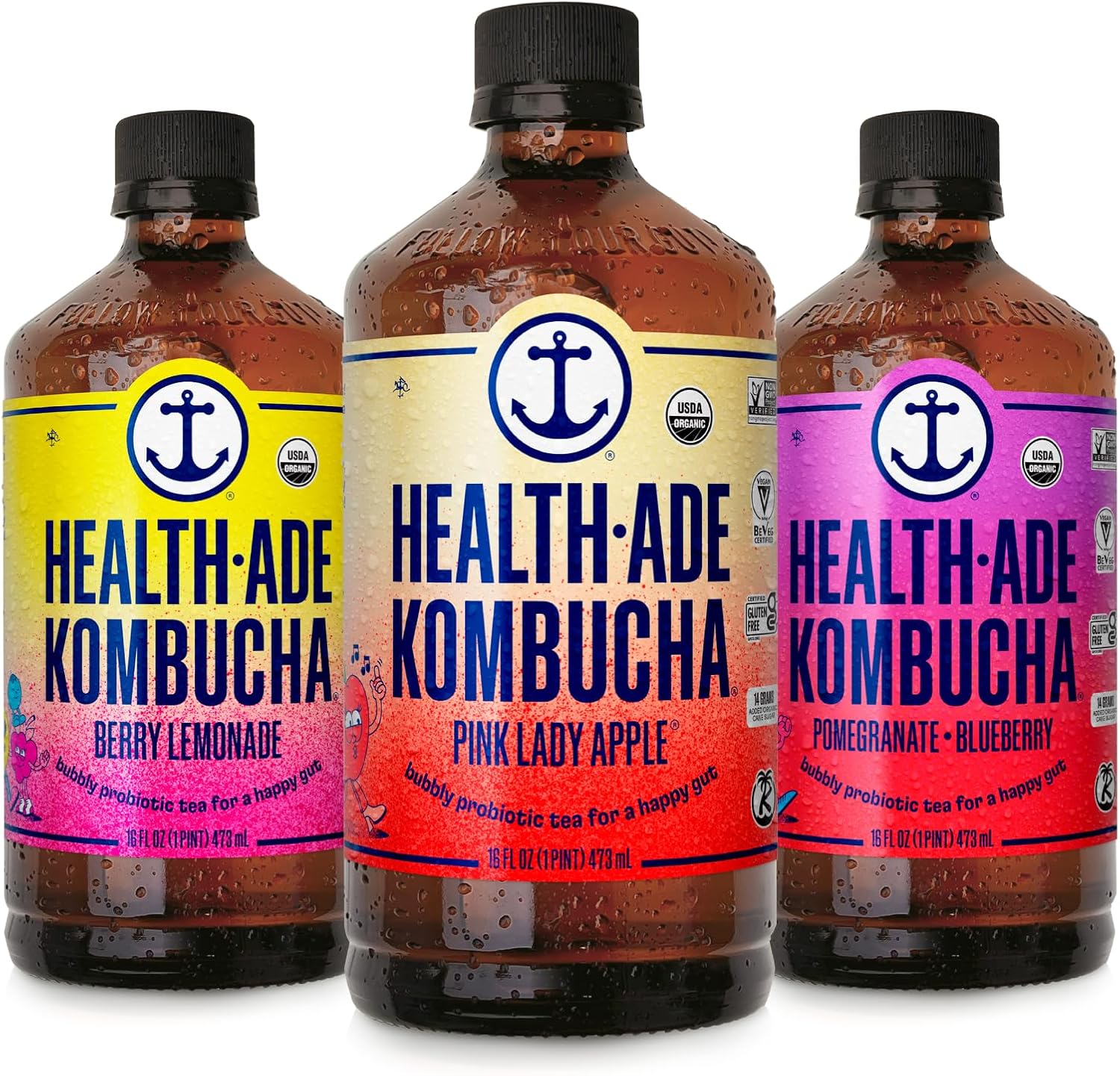 Health-Ade Fan Favorite Variety Pack Kombucha Tea, Organic Drink with Living Probiotics, Detoxifying Acids, Supports Gut Health, Non-GMO, Vegan, Gluten Free, 12 Pack (16 Fl Oz Bottles)