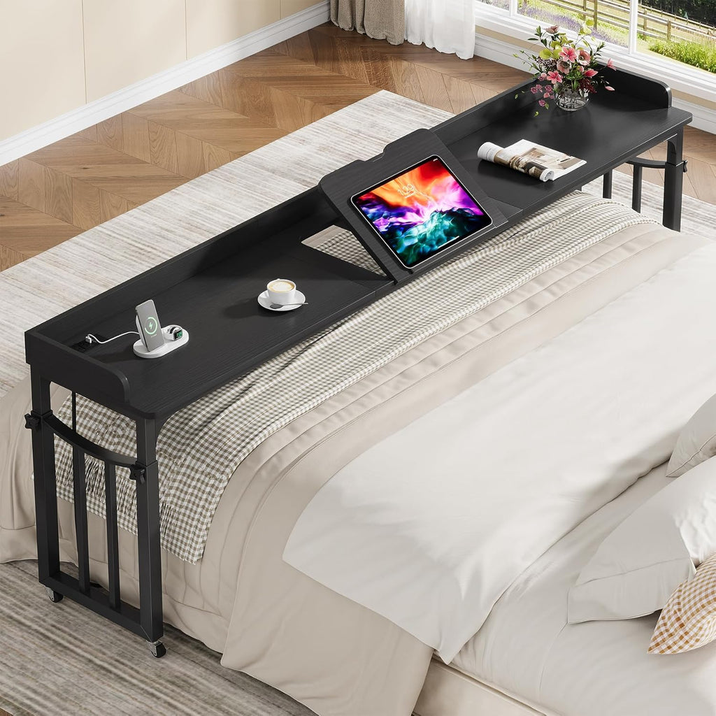Overbed Table with Wheels and Height Adjustable, 87 inch King Size Bed Table with Adjustable Tilt Board, Mobile Laptop Cart Computer Desk with Outlets & USB Ports, Black