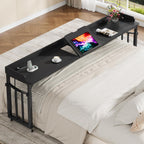 Overbed Table with Wheels and Height Adjustable, 87 inch King Size Bed Table with Adjustable Tilt Board, Mobile Laptop Cart Computer Desk with Outlets & USB Ports, Black