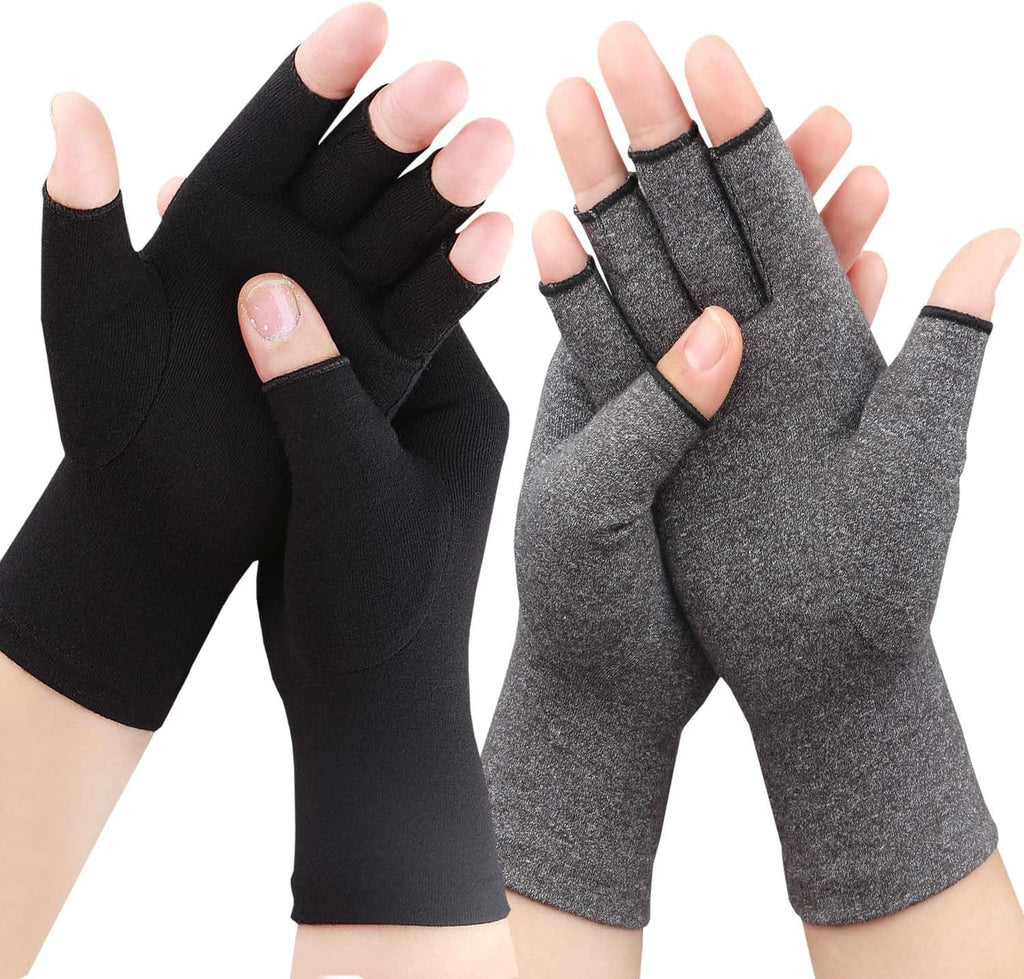 2 Pairs Arthritis Gloves for Women for Pain, Compression Gloves for Carpal Tunnel Relief, Rheumatoid Osteoarthritis, Fingerless Gloves for Women and Men, Typing (Pure Black + Grey, Medium)