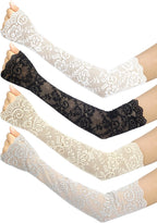 Fourluoo 4 Pairs Women Lace Arm Sleeves Fingerless Arm Warmer Elbow Length Lace Sleeves to Cover Arms for Tea Party Wedding