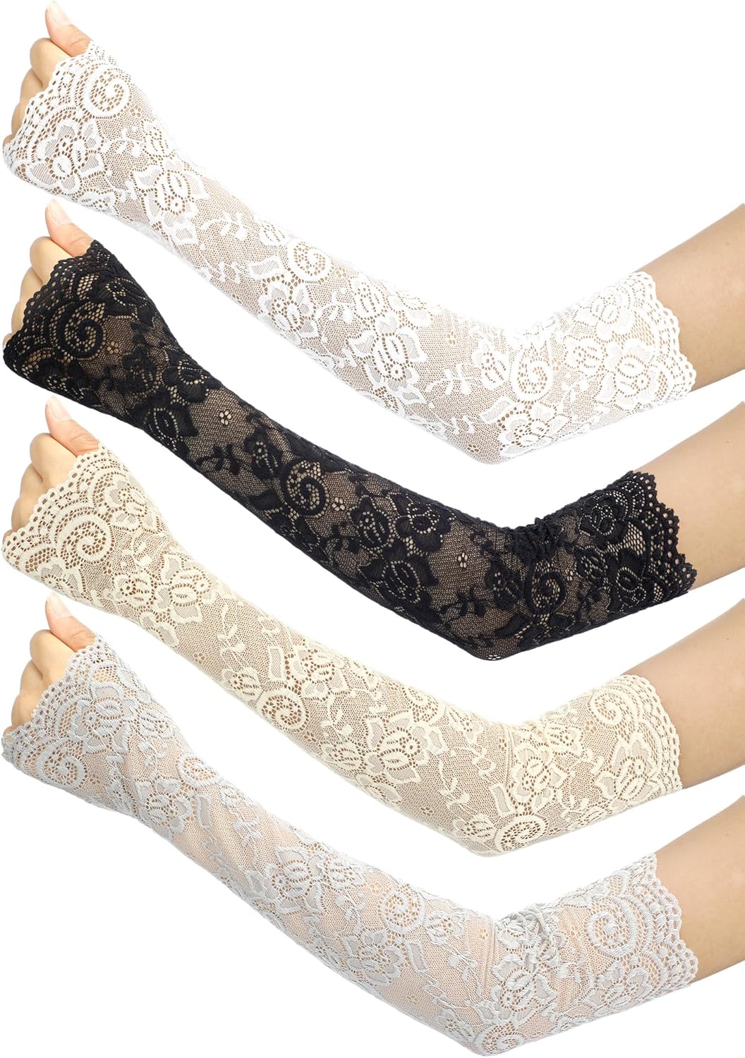 Fourluoo 4 Pairs Women Lace Arm Sleeves Fingerless Arm Warmer Elbow Length Lace Sleeves to Cover Arms for Tea Party Wedding