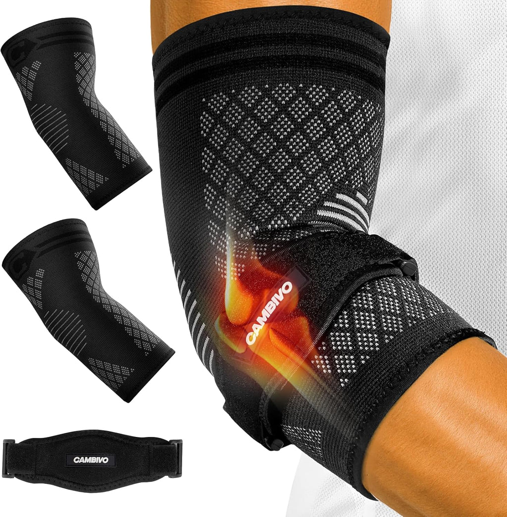 CAMBIVO 2 Elbow Sleeves and 1 Tennis Elbow Strap Set, Targeted Counterforce Compression for Tennis & Golfer's Elbow Relief, Adjustable Arm Support Kit for Tendonitis, Heavy Lifting and Workout