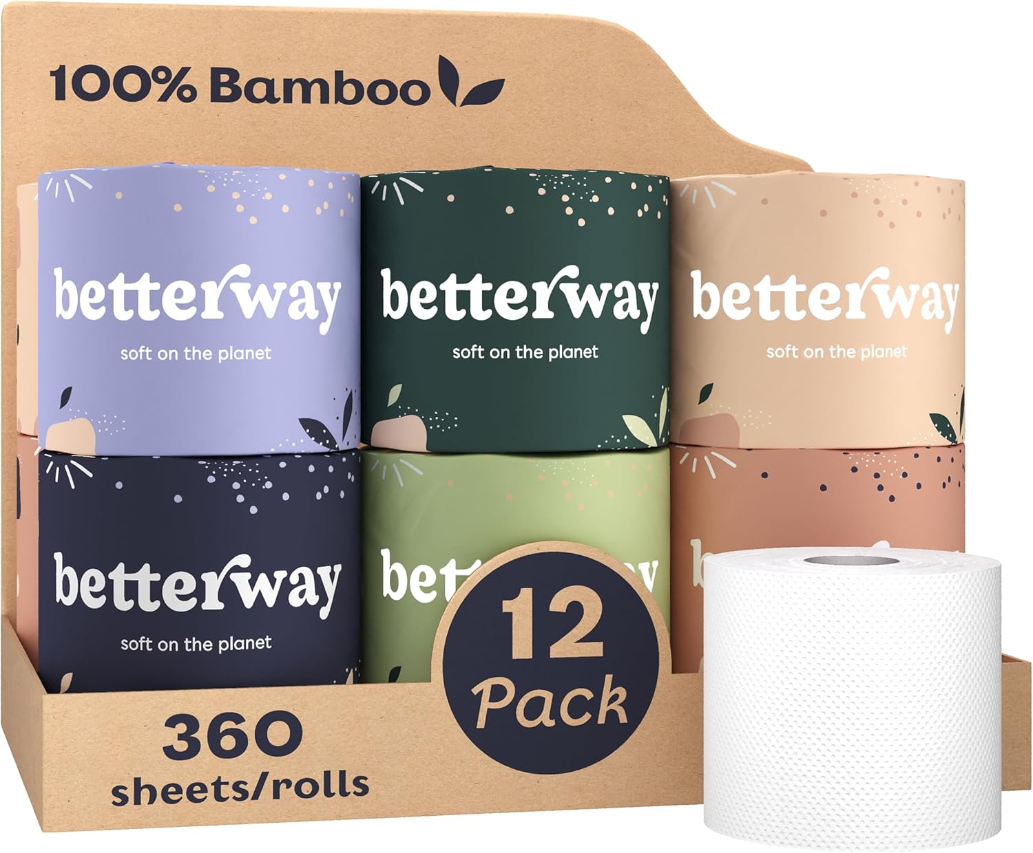 Betterway Bamboo Toilet Paper 3 Ply - Sustainable Toilet Tissue - 12 Long-Lasting Rolls & 360 Sheets Per Roll - Septic Safe - Organic, Plastic & PFAS Free - FSC Certified