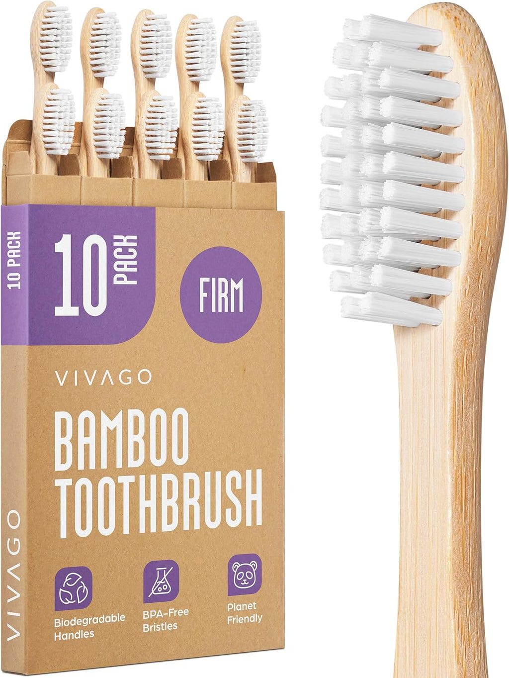 VIVAGO Firm Toothbrushes for Adults - 10 Pack - BPA Free Hard Bristle Toothbrush Firm - Bamboo Toothbrushes Hard
