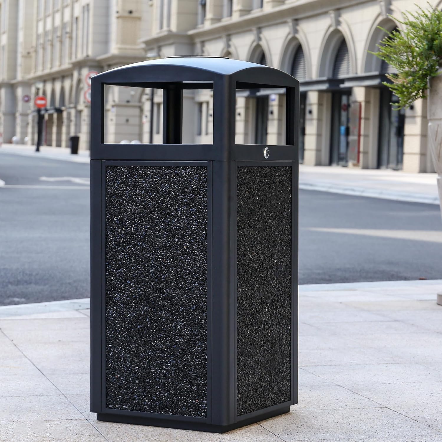 Outdoor Commercial Trash Can with Lid, Heavy Duty Waste Container with Stone Panels,Removable Metal Inner Bucket, Commercial Gabage can with Top Tray for Parks and Public Spaces