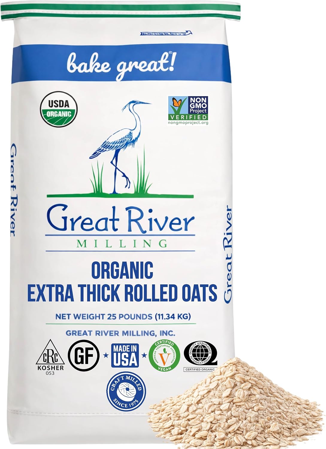 Great River Milling Organic Extra Thick Rolled Oats | Whole Grain, Non-GMO, Kosher Certified | Hearty Texture for Oatmeal, Granola, Cookies, Baked Goods & Breakfast Recipes | 25 Lb (Pack of 1)