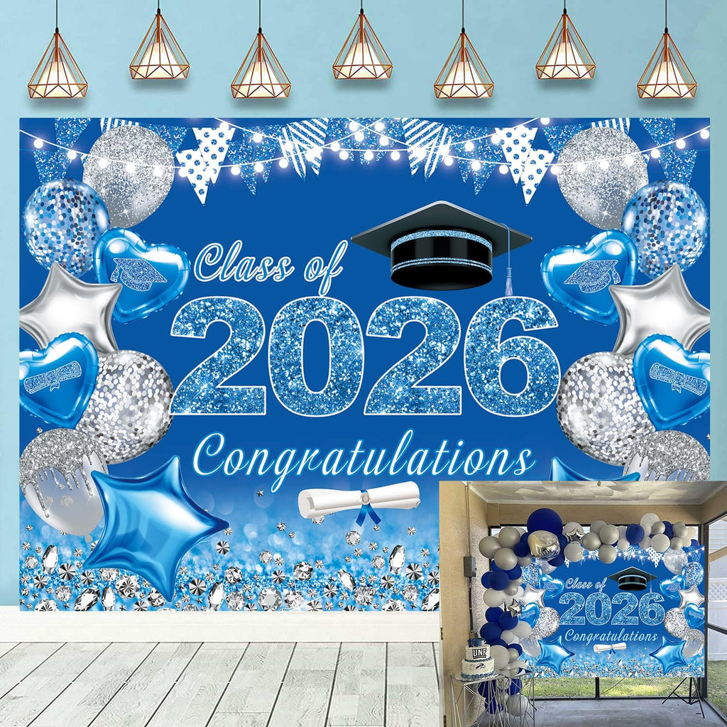 2026 Graduation Party Backdrop Blue Silver Class of 2026 Glitter Graduation Photography Background Party School Prom Cake Table Decorations Banner (Blue, 7X5FT(82x59inch))