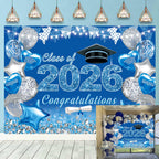 2026 Graduation Party Backdrop Blue Silver Class of 2026 Glitter Graduation Photography Background Party School Prom Cake Table Decorations Banner (Blue, 7X5FT(82x59inch))