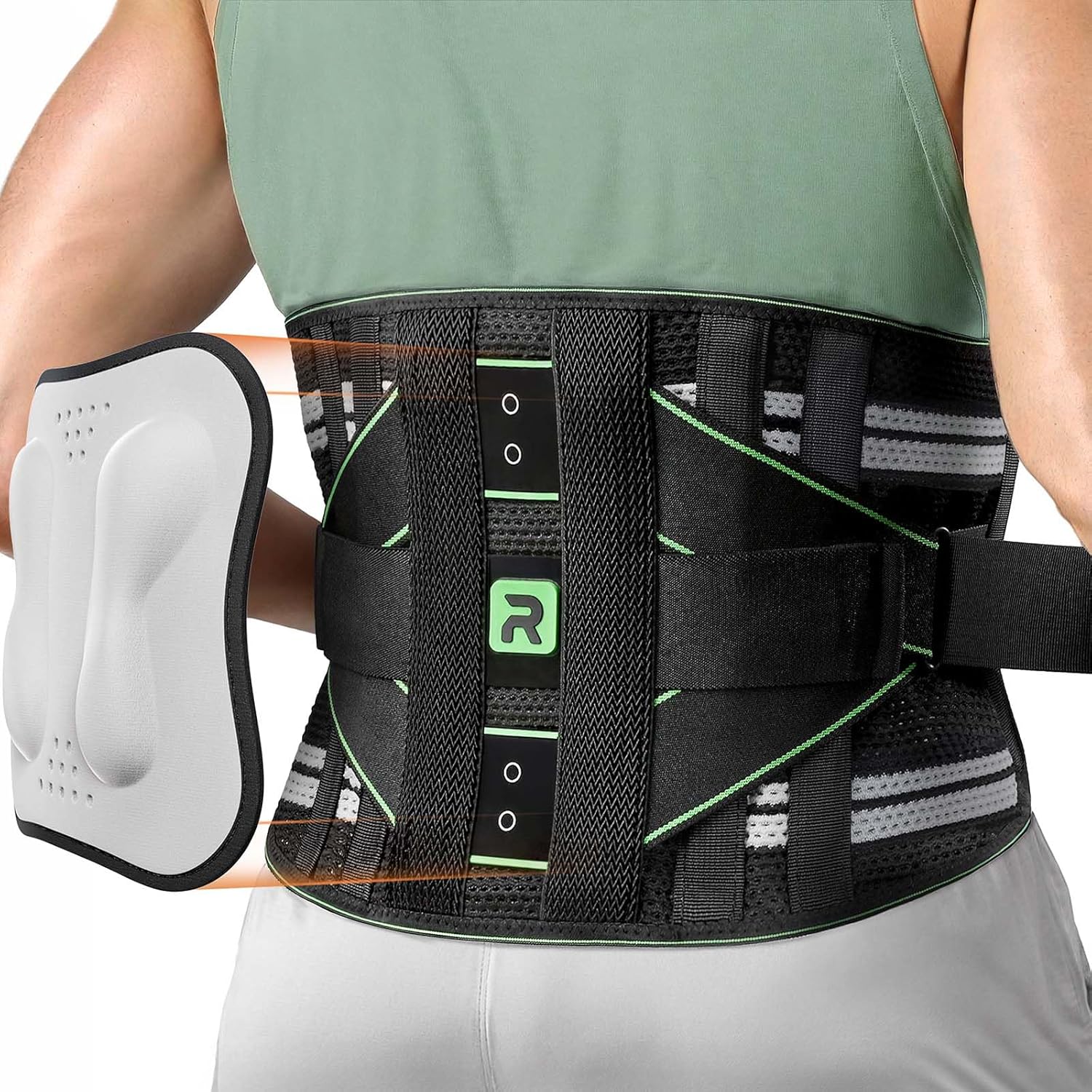 Back Brace for Lower Back Pain Relief, 8 Stays Powerful Lumbar Support for Men Women, Back Support Belt with 3D Pad, Breathable Back Support Brace with Adjustable Strap for Herniated Disc, Sciatica, Green Size M