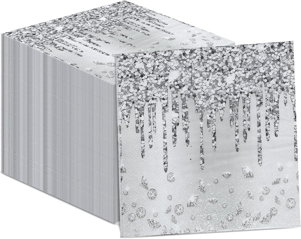 100PCS Silver Party Paper Napkins Happy Birthday Supplies Glitter Decorations Silver Diamond Theme Disposable Paper Lunch Napkins for Adults Kids Birthday Wedding Bridal Shower Favors