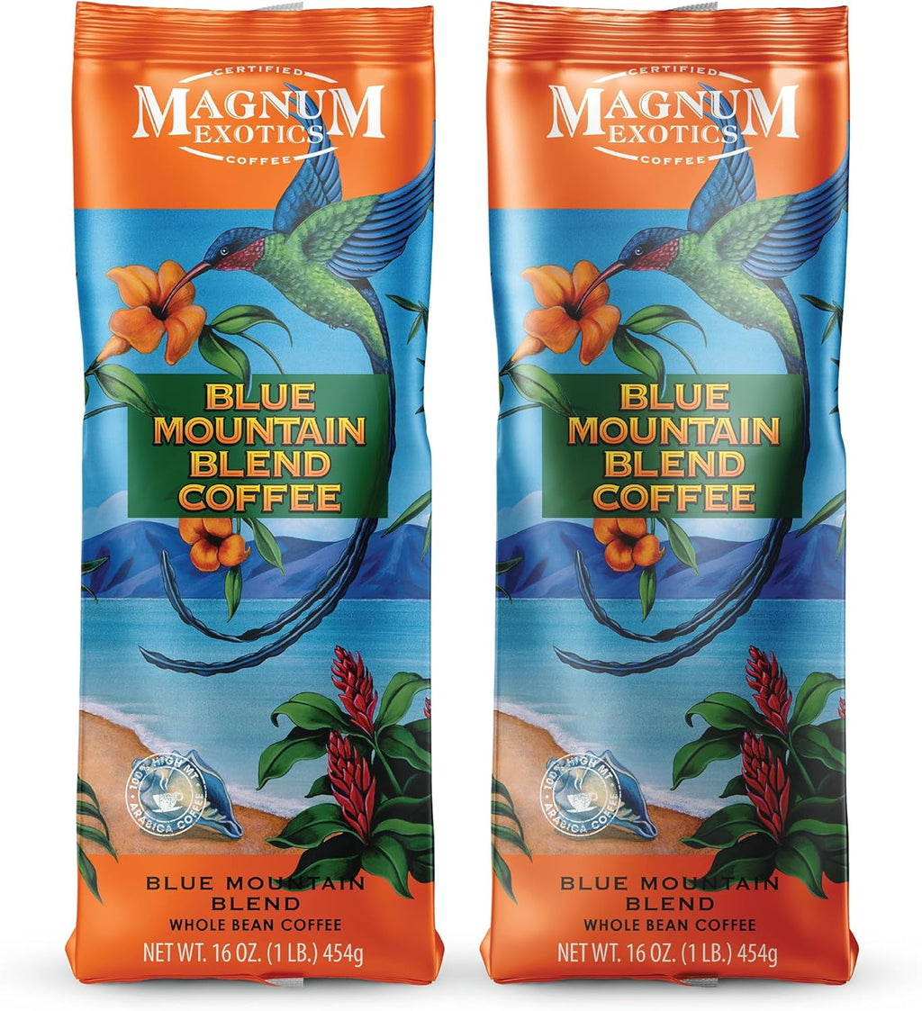 Magnum Exotics Coffee Blue Mountain Coffee Blend - Medium-Light Roast, Whole Bean, Made from 100% Arabica Beans, Rich & Smooth Flavor, Fresh Roast - Blue Mountain Blend, 1 Lb (Pack of 2)