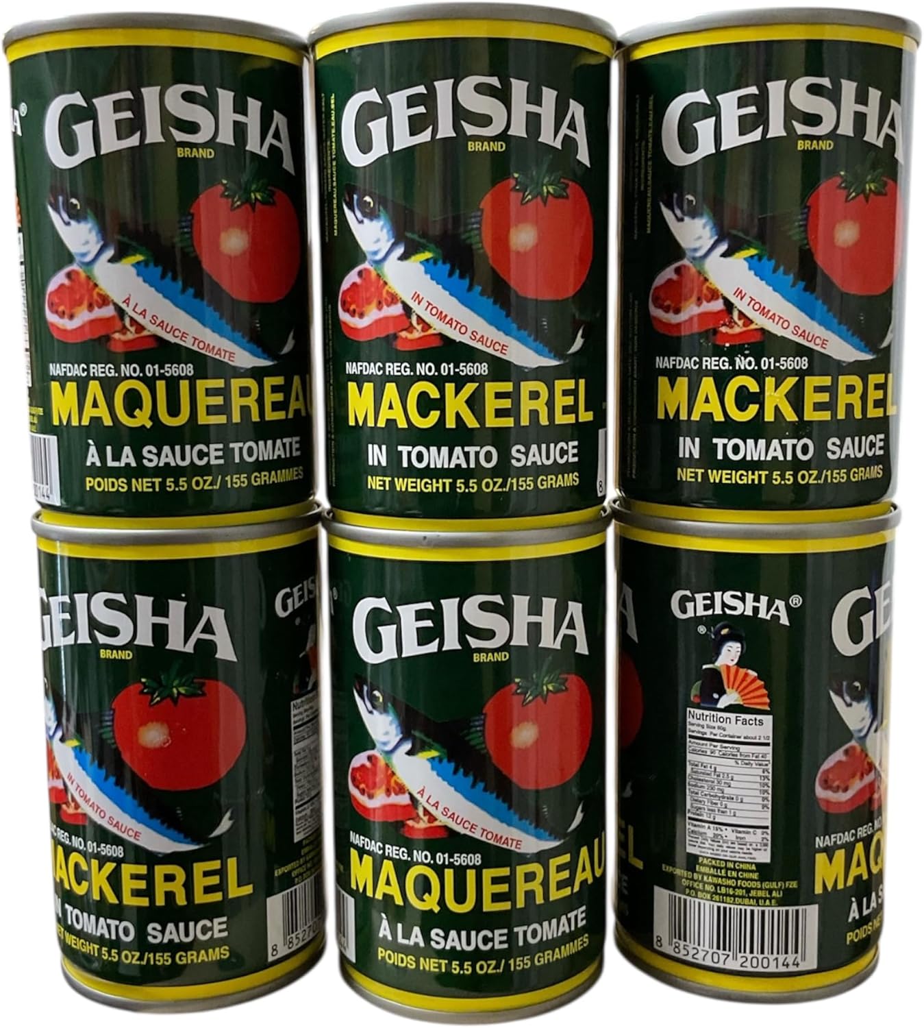 GEISHA Mackerel in Tomato Sauce, Premium Fish, 5.5 oz/155g Cans, Pack of 6