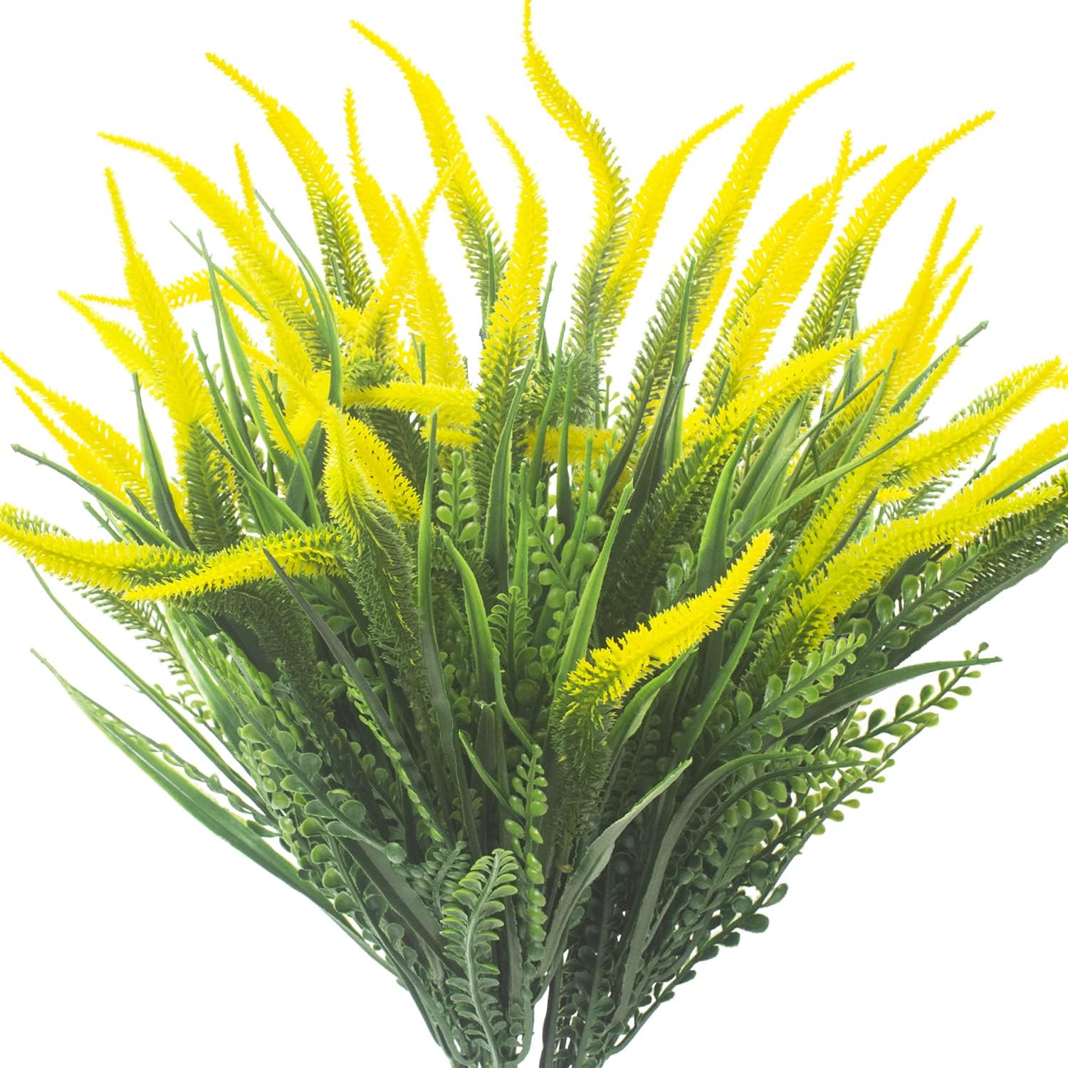 Grunyia 10 Bundles Artificial Plants Outdoor Fake Grass with Flowers UV Resistant Greenery Garden Porch Window Box Decorating (Yellow)