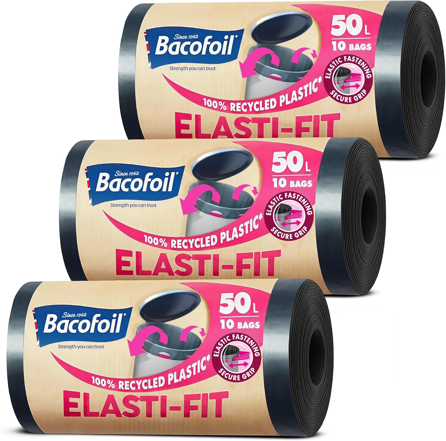 Bacofoil Elasti-Fit Bin Liners with Drawstring Handles 50L - Leak-Proof Bin Bag with Elastic Fastening for a Secure Fit (3 Rolls, 30 Bags)…