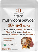 DEAL SUPPLEMENT Organic Mushroom Powder Supplement, 12oz – 10 in 1 Active Blend – Shiitake, Lions Mane, Cordyceps, Chaga, with More –Supports Immune, Energy, & Brain Health – Non-GMO, Vegan