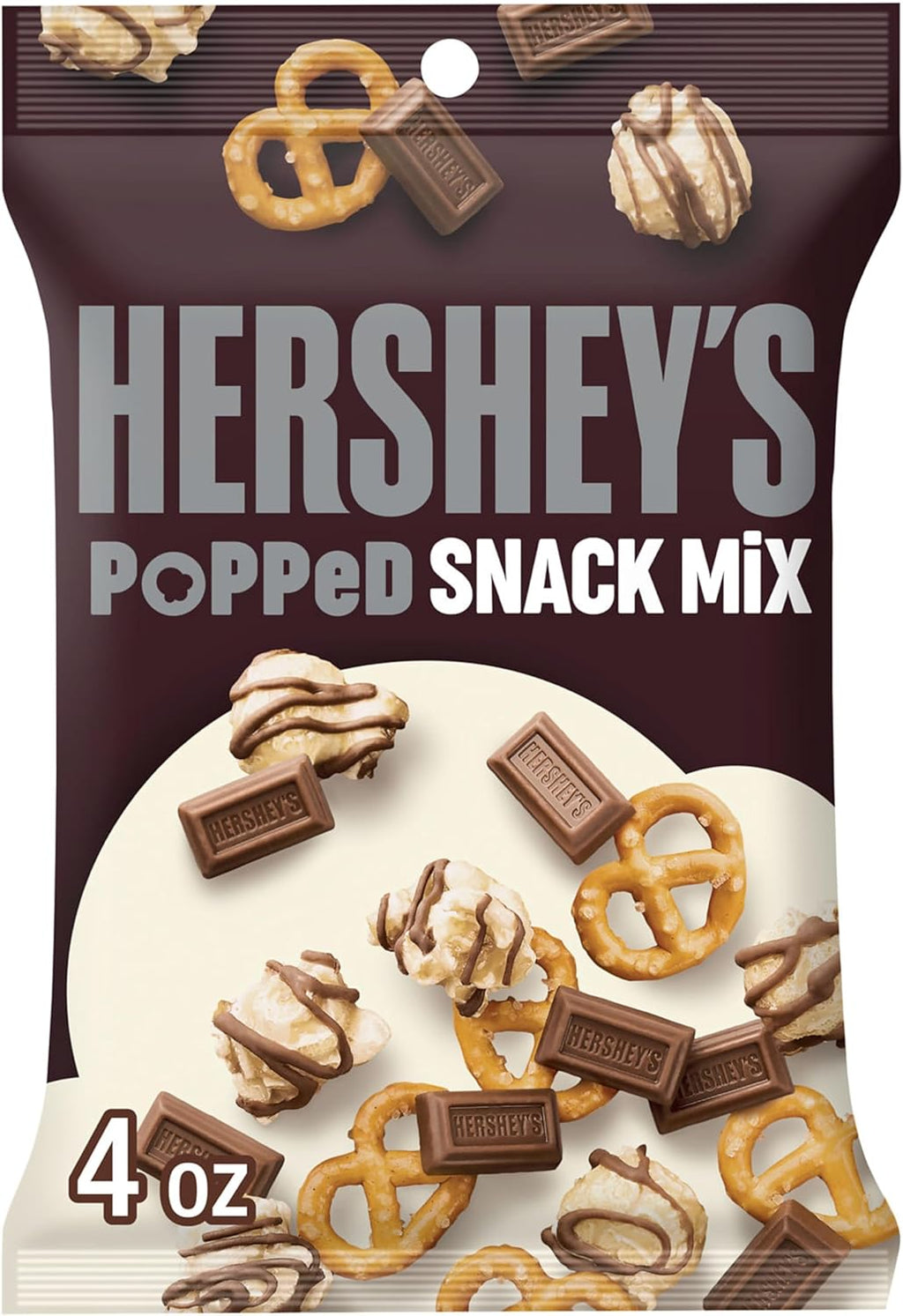 HERSHEY'S Milk Chocolate, Popcorn and Pretzel Popped Snack Mix Bag, 4 oz