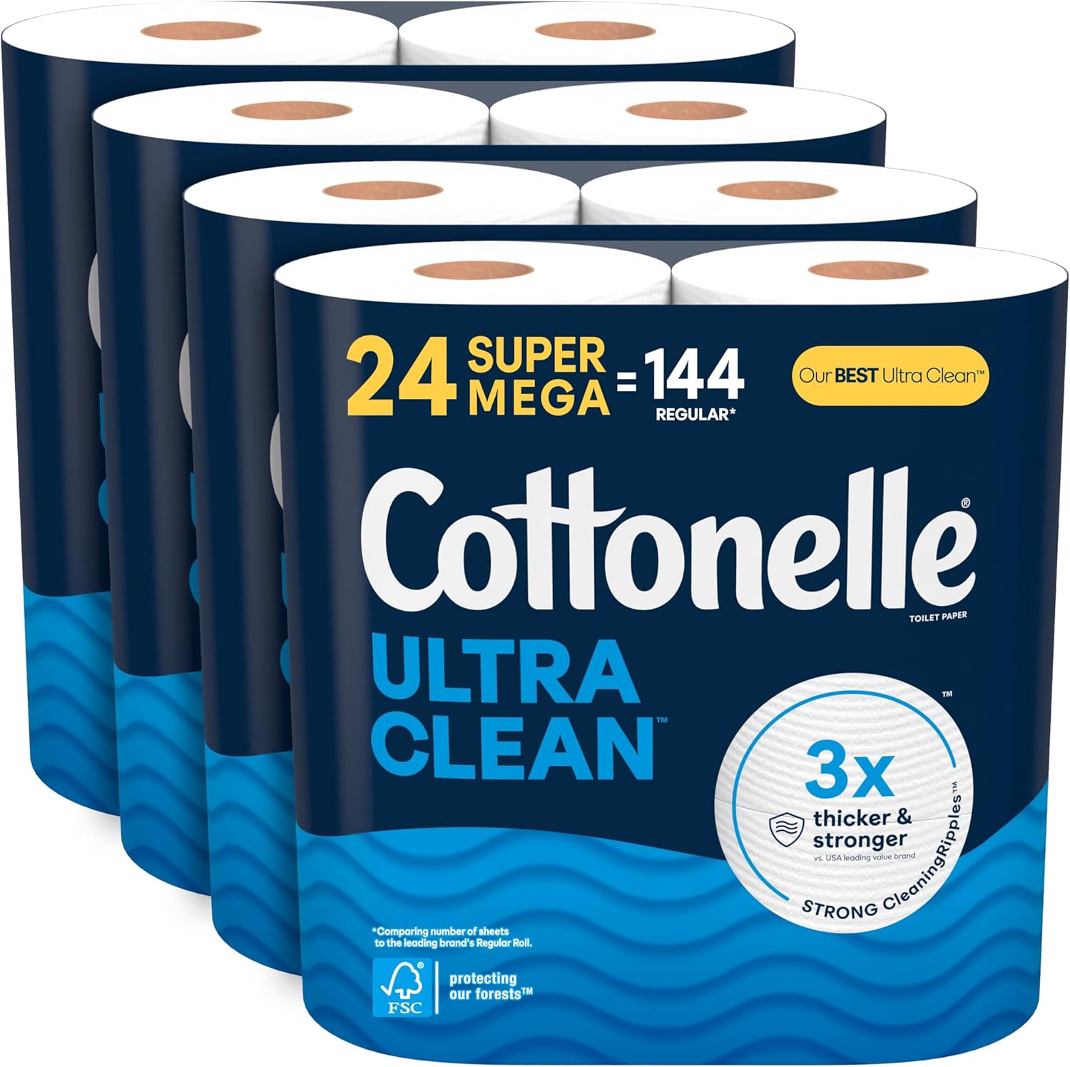 Cottonelle Ultra Clean Toilet Paper, 24 Super Mega Rolls (24 Super Mega Rolls = 144 Regular Rolls) (4 Packs of 6), 426 Sheets Per Roll, Packaging May Vary