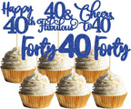 30 Pack Happy 40th Birthday Cupcake Toppers Dark Blue Glitter Forty Cheers to 40 Years Old Birthday Cupcake Picks for Happy 40th Anniversary Party Cake Decorations