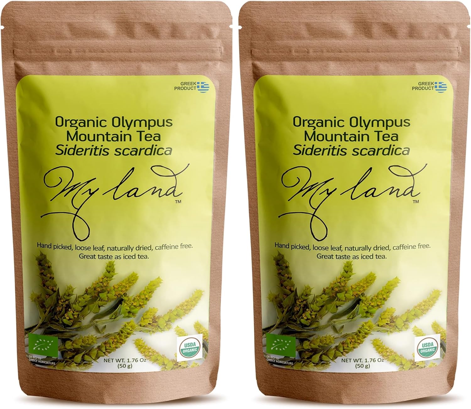 My Land Organic Greek Mountain Tea – Loose Leaf Ironwort (Sideritis) Handpicked on Mount Olympus, Greece, 1.76 oz (50 g) | Organic Caffeine-Free Herbal Tea with Subtle Floral Notes