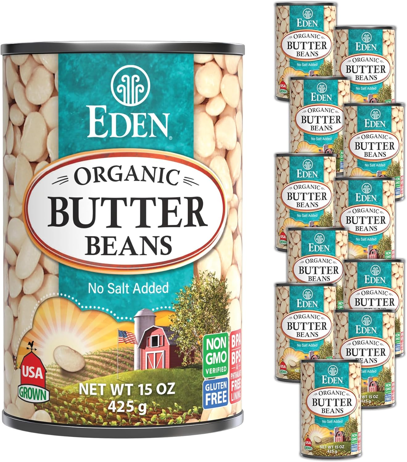 Eden Organic Butter Beans, (Baby Lima Beans), No Salt Added, USA Grown, Non GMO, 15 oz (12-Pack)